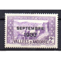 Sello de Andorra con sobrecarga sin Elections solo setembre 1933  2c violeta con marquilla