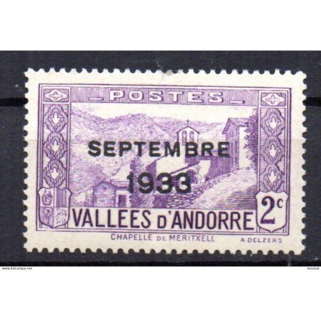 Sello de Andorra con sobrecarga sin Elections solo setembre 1933  2c violeta con marquilla