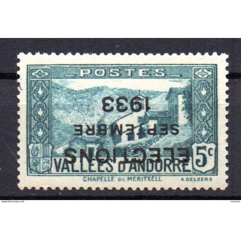 Sello de Andorra con sobrecarga invertida Elections setembre 1933 con marquilla Sello de Andorra con sobrecarga invertida Elections setembre 1933 con marquilla