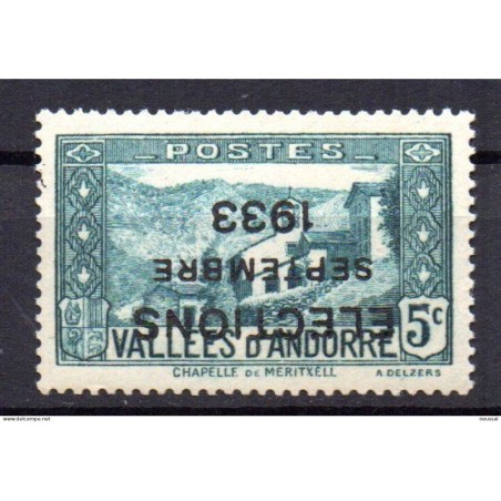 Sello de Andorra con sobrecarga invertida Elections  setembre 1933   con marquilla