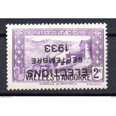 Sello de Andorra con sobrecarga invertida Elections  setembre 1933 2c violeta  con marquilla