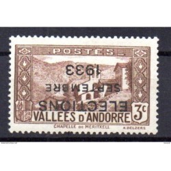 Sello de Andorra con sobrecarga invertida Elections  setembre 1933 3c marron  con marquilla