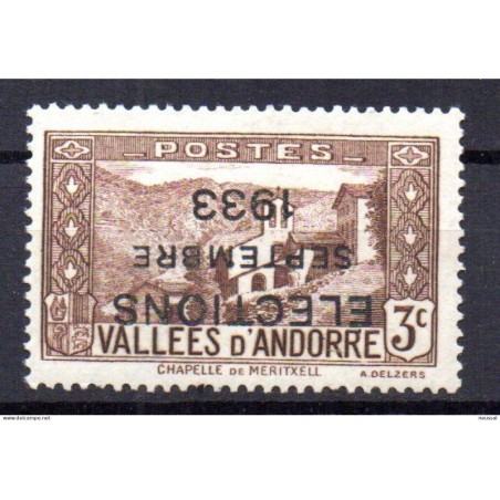 Sello de Andorra con sobrecarga invertida Elections  setembre 1933 3c marron  con marquilla