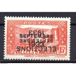 Sello de Andorra con doble sobrecarga una invertida Elections  setembre 1933 15c con marquilla