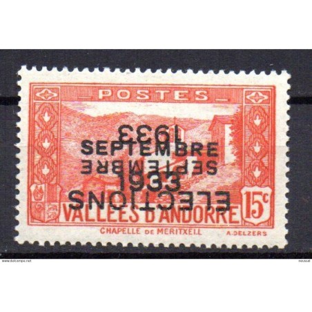 Sello de Andorra con doble sobrecarga una invertida Elections  setembre 1933 15c con marquilla