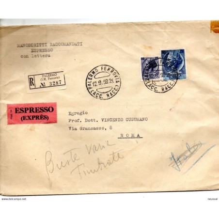 Carta de italia certificada palermo y expresso de 1958