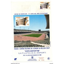 Tarjeta con matasellos commemorativo de estadi de montjuic 1989
