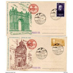 3 tarjetas   con matasellos  commemorativo   feria de muestra barcelona 1956