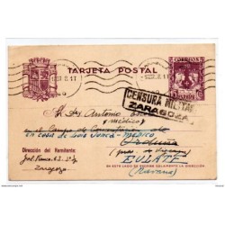 Entero postal con censura militar de zaragoza