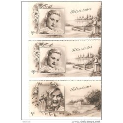 3 tarjetas antiguas  sin utilizar  con felicidades