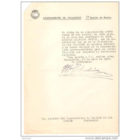 Papel del ayuntamiento de valladolid 1940