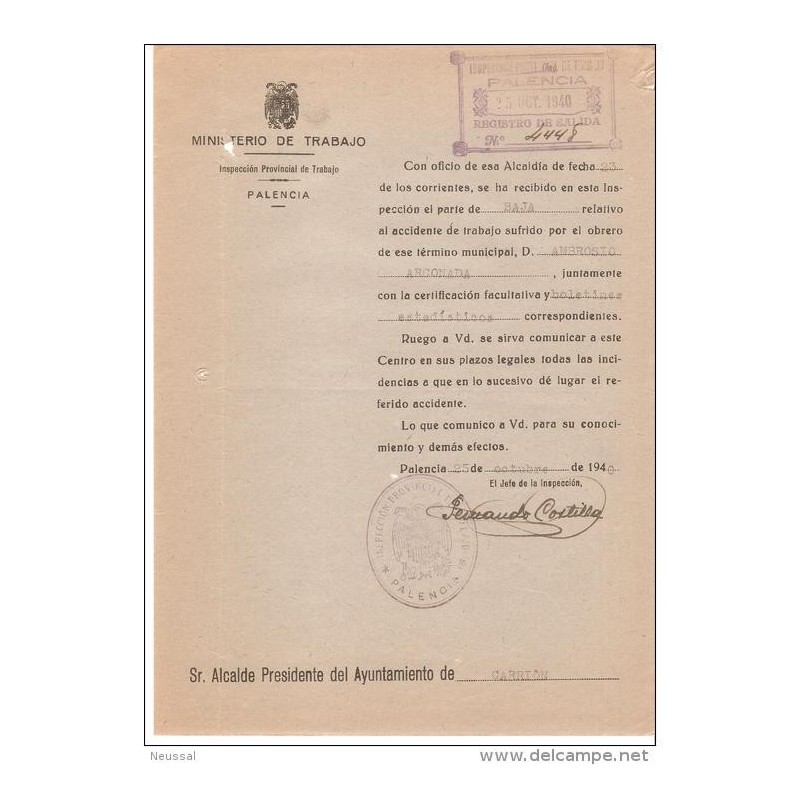 Papel del ministerio de trabajo inspeccion provincial de trabajo palencia 1940 Papel del ministerio de trabajo inspeccion provincial de trabajo palencia 1940
