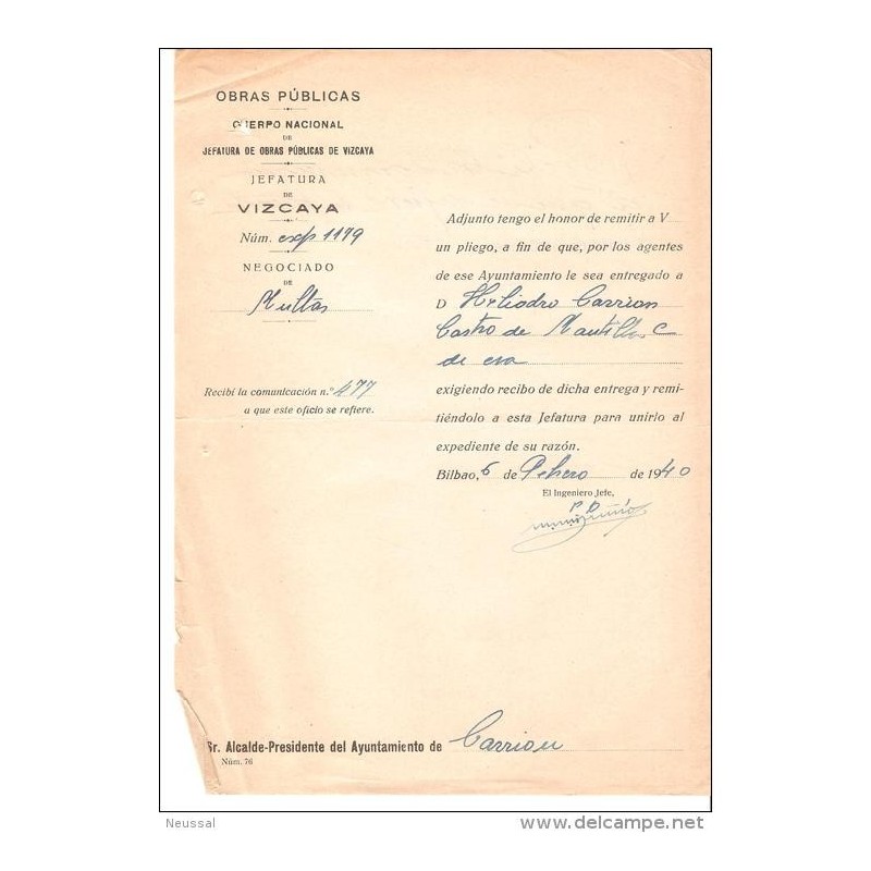 Papel de jefatura de obras publicas de vizcaya 1940 Papel de jefatura de obras publicas de vizcaya 1940