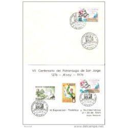 Carta tarjeta  con cuño de centenario de patronazgo de san jorge sobre alcoy