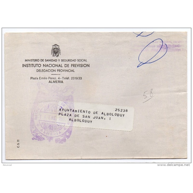 Carta con matasello instituto nacional de prevision almeria Carta con matasello instituto nacional de prevision almeria