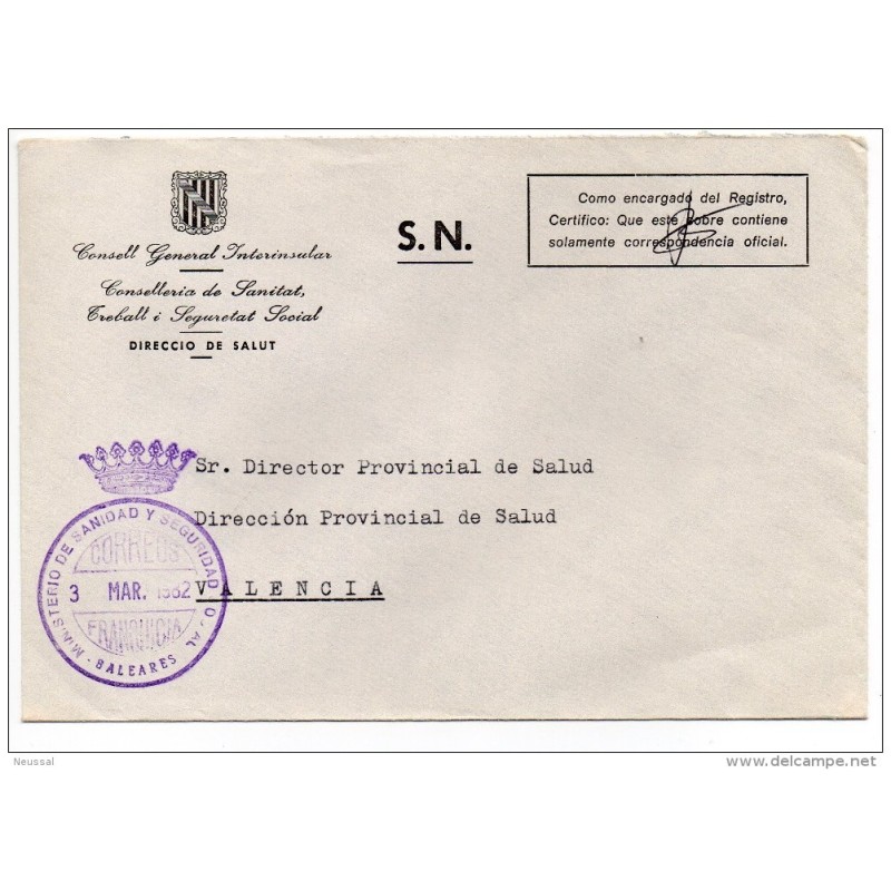Carta con matasello Ministerio de Sanidad y seguridad social Baleares Carta con matasello Ministerio de Sanidad y seguridad social Baleares