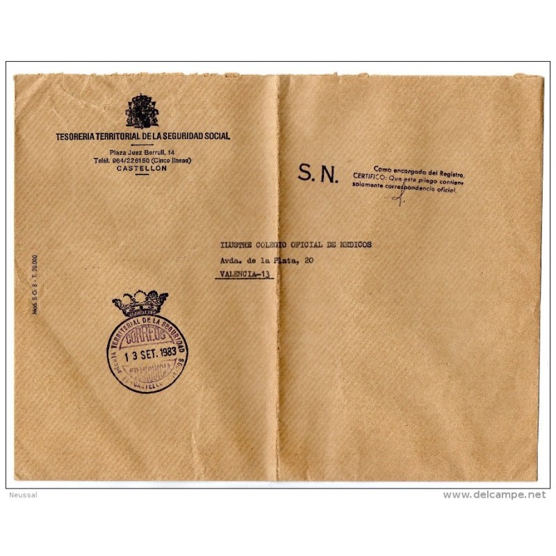 Carta con matasello tesoreria territorial de sanidad y seguridad social Castellon Carta con matasello tesoreria territorial de sanidad y seguridad social Castellon