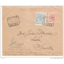 Carta de 1936 matasello certificado caceres y por detras sevilla  con polizas