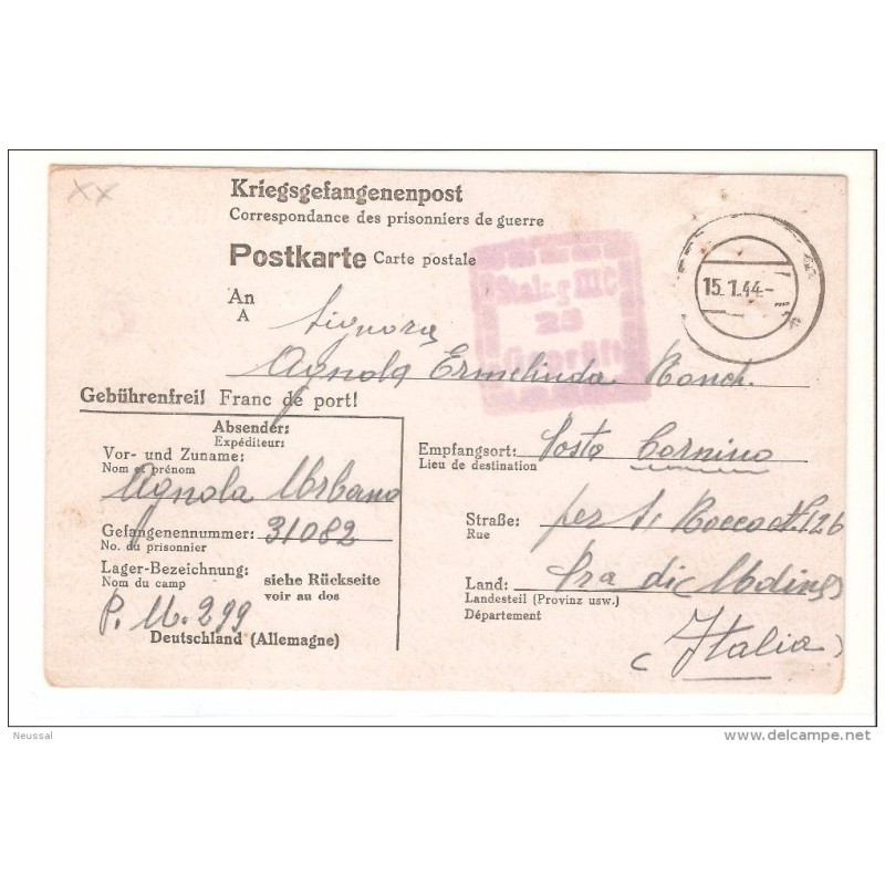 Tarjeta prisionero de guerra de 1944 italia Tarjeta prisionero de guerra de 1944 italia