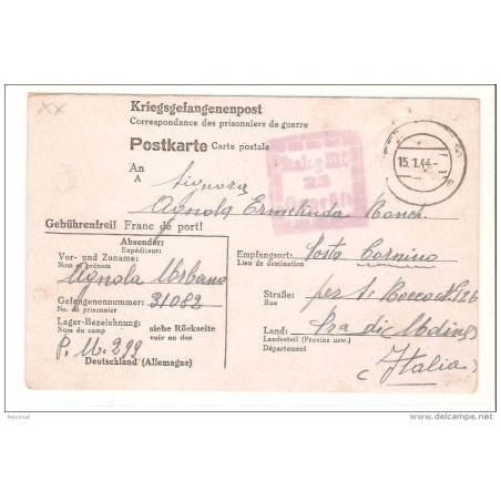 Tarjeta  prisionero de guerra de 1944 italia